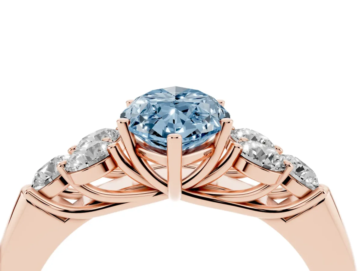 Fancy Blue Marquise Cut Cut Diamond Cluster Ring with Round Accent Stones and Prong Setting on a Classic Band Rose gold