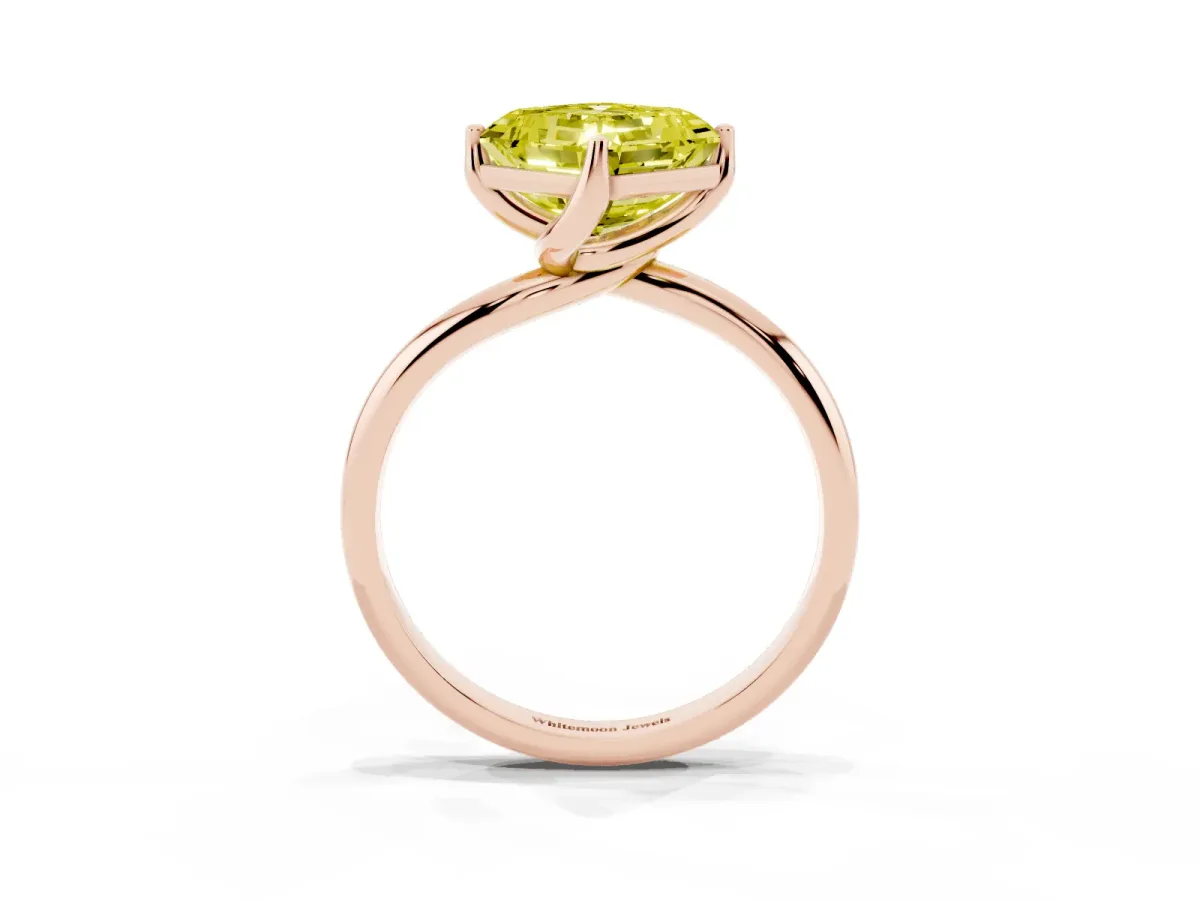 Fancy Yellow Asscher Cut Diamond Solitaire Engagement Ring with Four-Prong Setting and Classic Band Rose gold