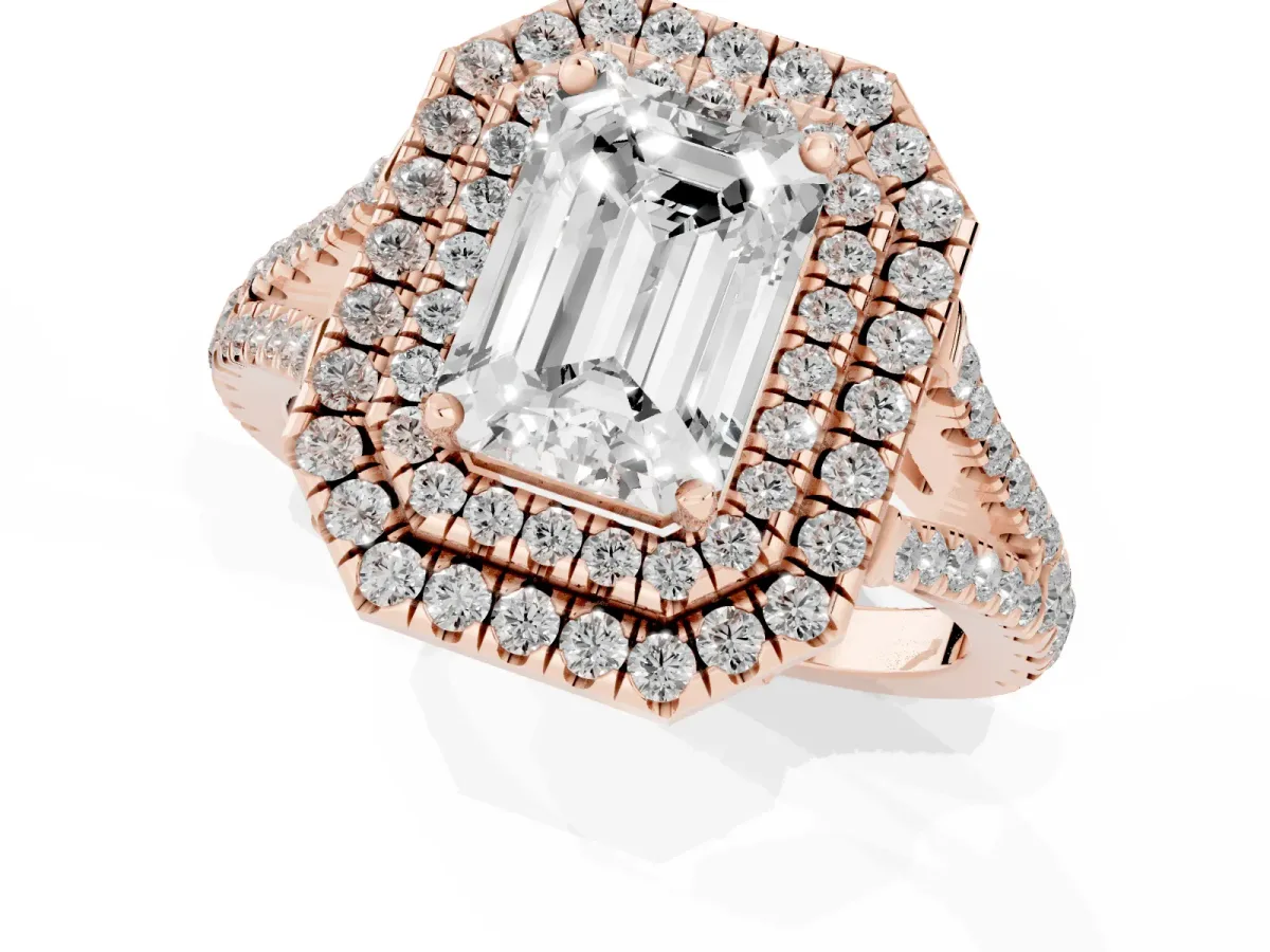 Emerald Cut Diamond Double Halo Ring with Pavé Band and Prong Setting Rose gold