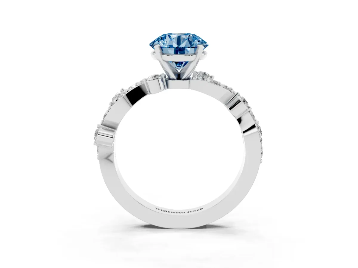 Fancy Blue Round Cut Cut Solitaire Diamond Twisted Band with Pave Setting White gold