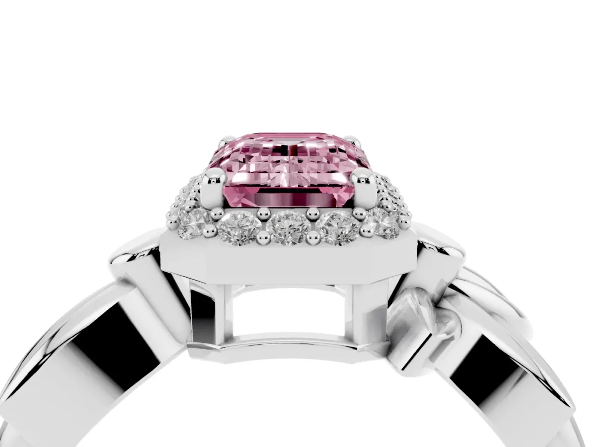 Fancy Pink Emerald Cut Halo Diamond Floral Band with Four-Prong Setting Platinum