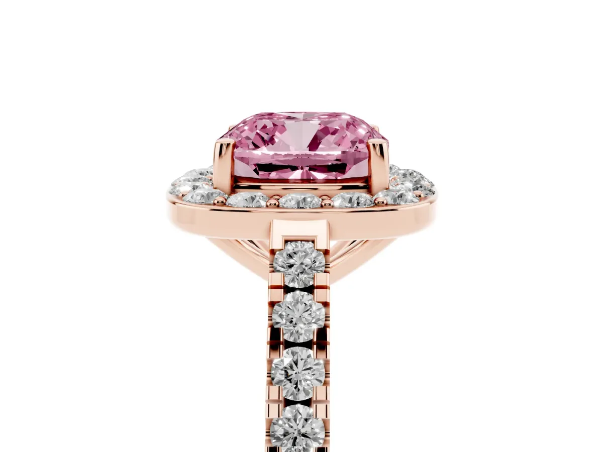 Fancy Pink Cushion Cut Diamond Halo Ring with Round Pavé Split Shank and Prong Setting Rose gold
