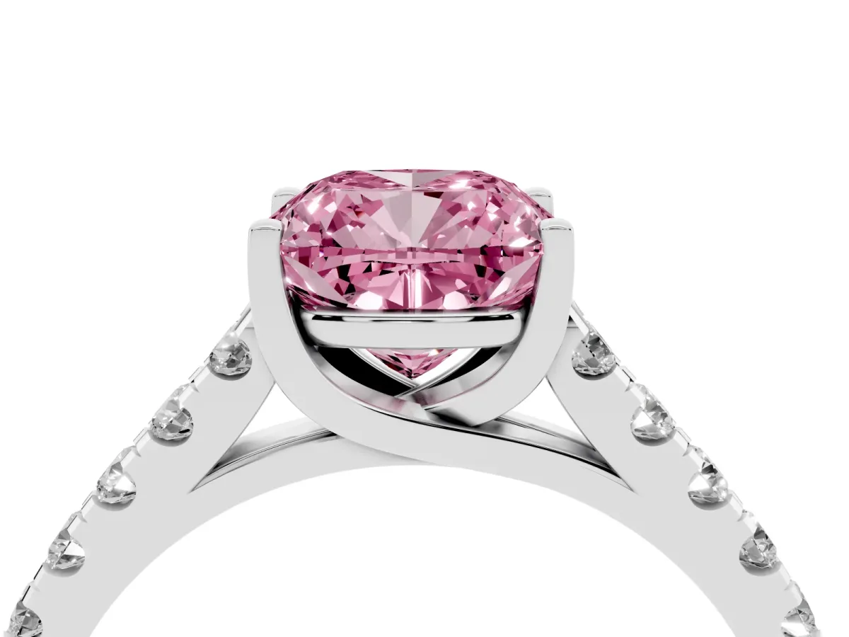 Fancy Pink Cushion Cut Diamond Pavé Band Solitaire Ring with Prong Setting Silver