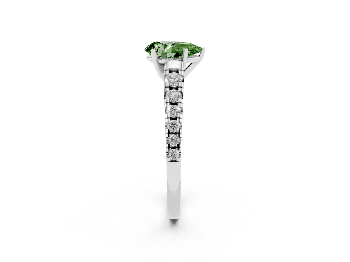 Fancy Green Pear Cut Diamond Cathedral Solitaire Ring with Round Pavé Band Silver