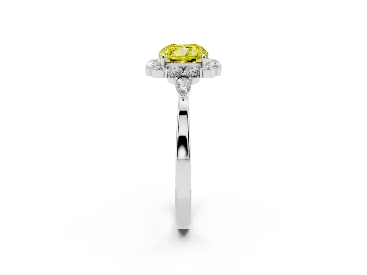 Fancy Yellow Cushion Cut Diamond Halo Ring with Pear Side Stones and Prong Setting Silver