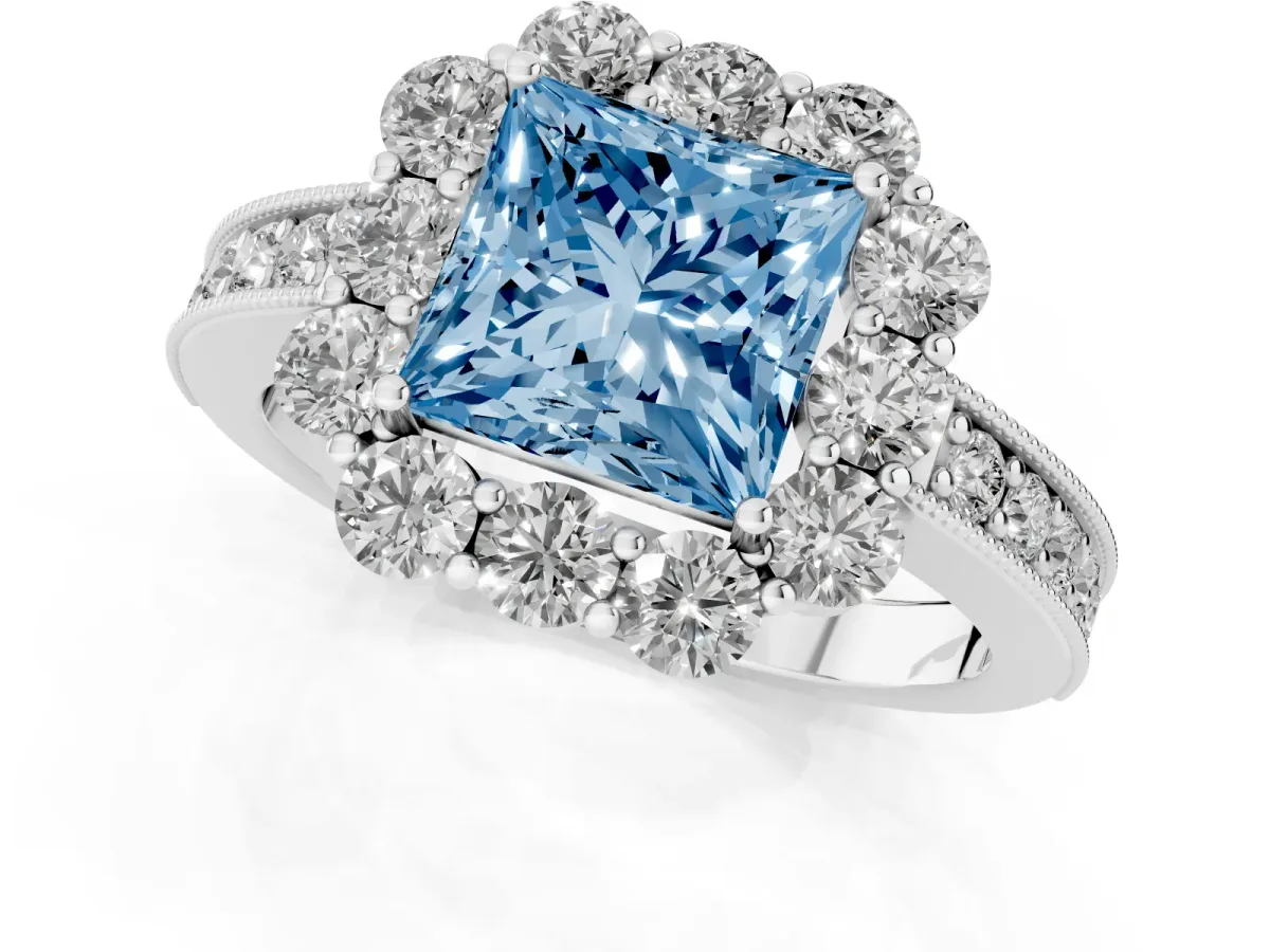 Fancy Blue Princess Cut Cut Halo Diamond Pavé Engagement Ring with Milgrain Detailing Silver