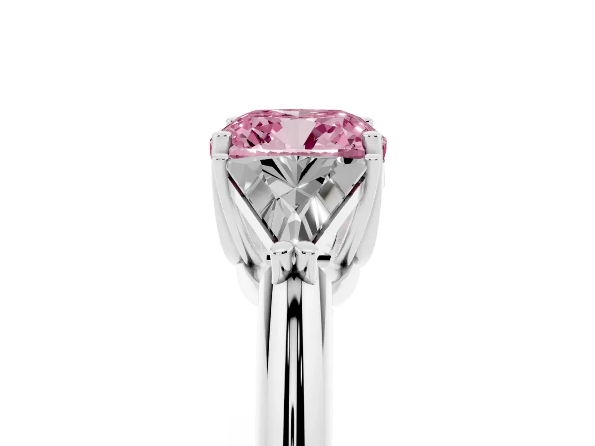 Fancy Pink Three-Stone Cushion Cut Diamond Engagement Ring with Trillion Side Stones and Prong Setting Silver