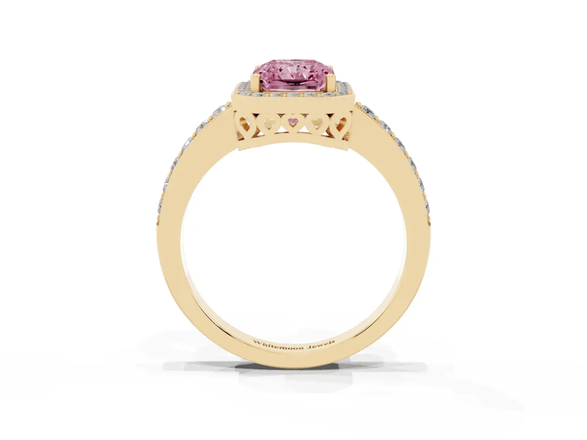 Fancy Pink Radiant Cut Halo Diamond Pavé Band Ring with Prong Setting Yellow gold