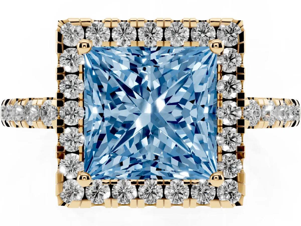 Fancy Blue Princess Cut Halo Diamond Engagement Ring with Pavé Band and Four-Prong Setting Yellow gold