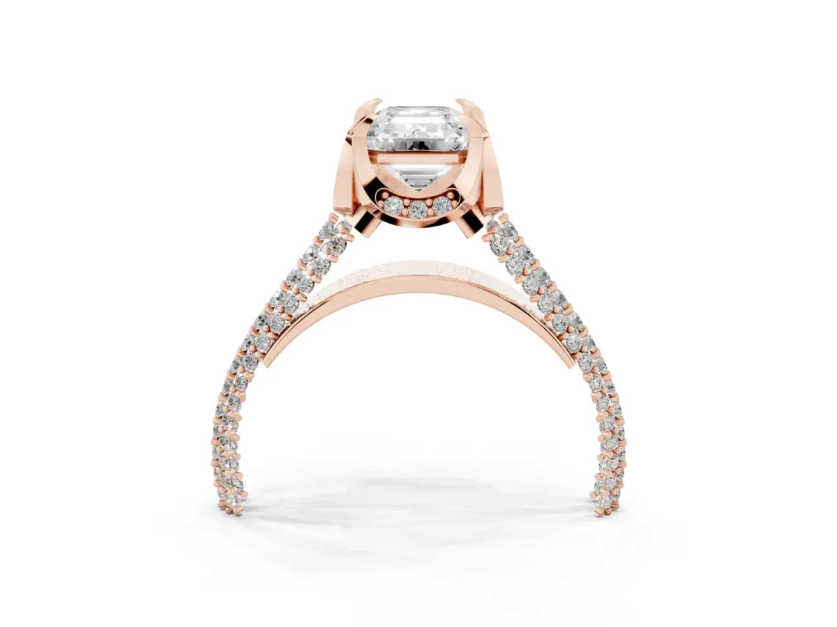 Emerald Cut Solitaire Pave Split Shank Ring with Four-Prong Setting Rose gold