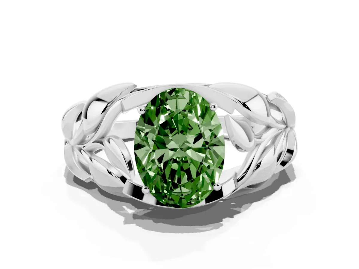 Fancy Green Oval Cut Diamond Leaf-Inspired Engagement Ring with Round Accents and Prong Setting Silver
