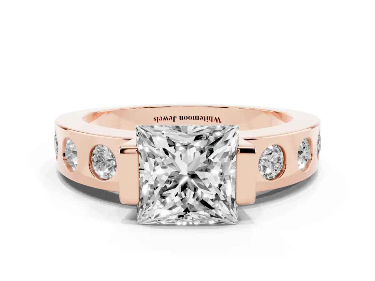 Princess Cut Brilliant Channel-Set Diamond Ring with Bezel Prong Setting Rose gold