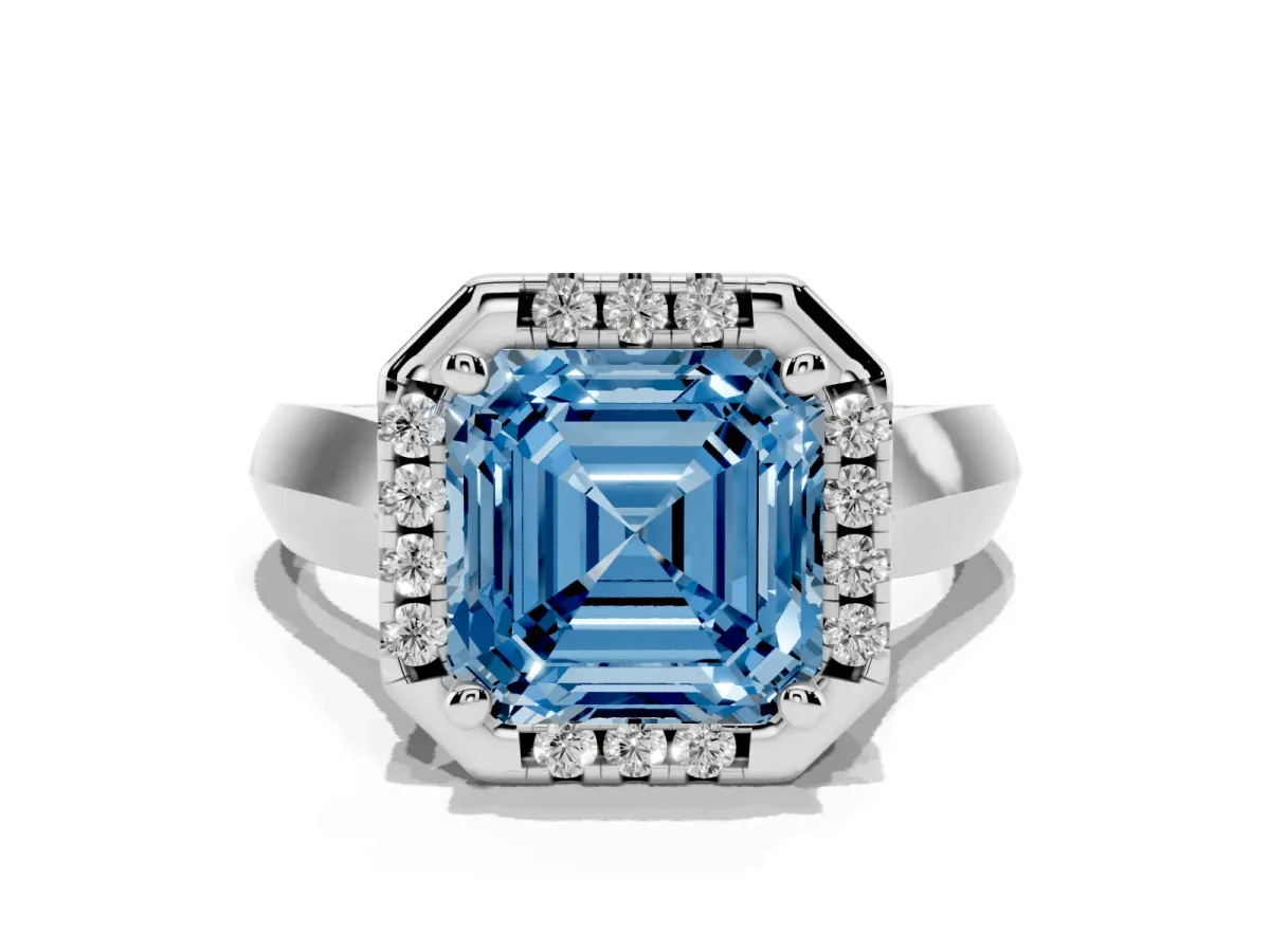 Fancy Blue Asscher Cut Cut Halo Solitaire Engagement Ring with Square Band and Four-Prong Setting White gold