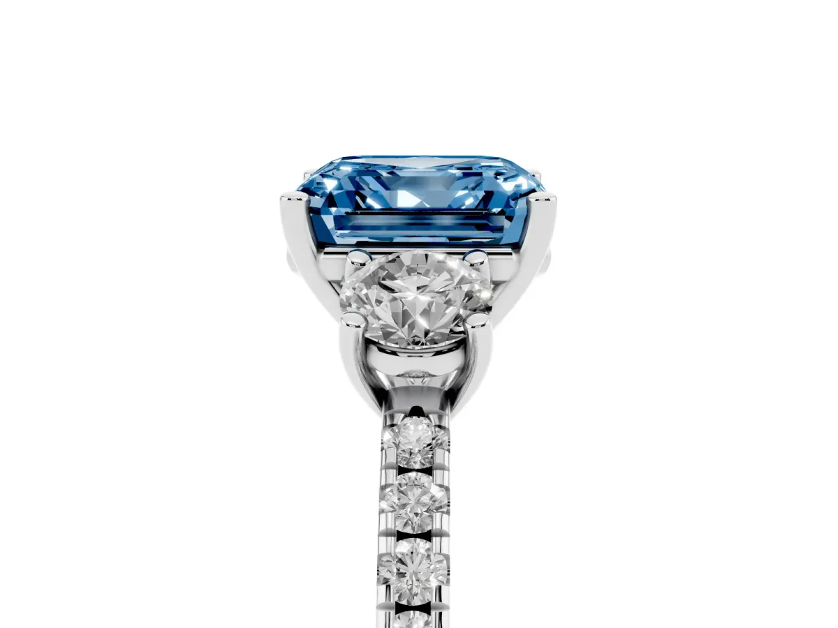 Fancy Blue Three-Stone Asscher Cut Cut Diamond Pavé Band with Prong Setting Silver