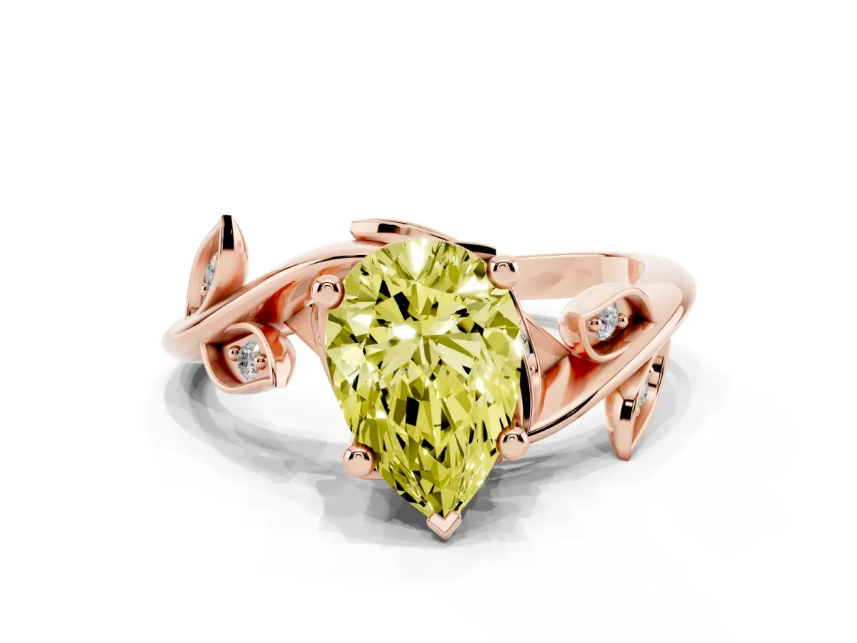 Fancy Yellow Pear Cut Solitaire Twist Engagement Ring with Leaf Accents and Prong Setting Rose gold