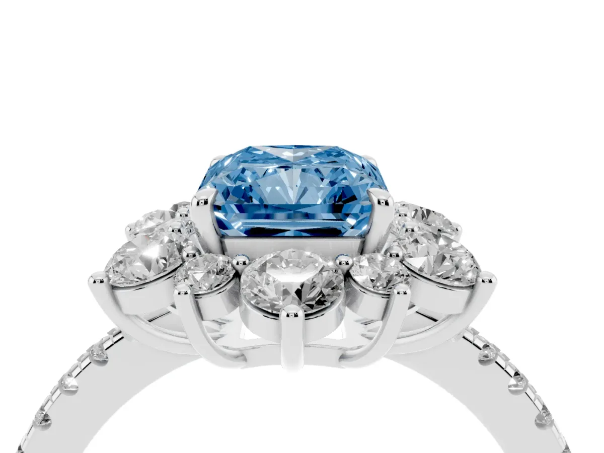 Fancy Blue Radiant Cut Diamond Floral Halo Ring with Round Pavé Band and Prong Setting Silver
