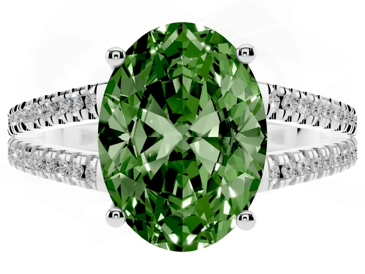 Fancy Green Oval Cut Diamond Solitaire Engagement Ring with Split Shank Pavé Band Platinum