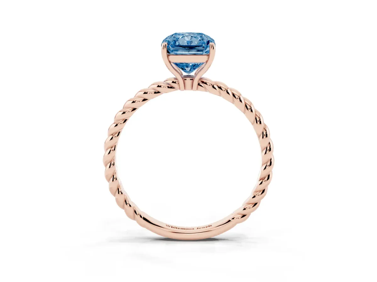 Fancy Blue Radiant Cut Solitaire Twist Band Ring with Four-Prong Setting Rose gold
