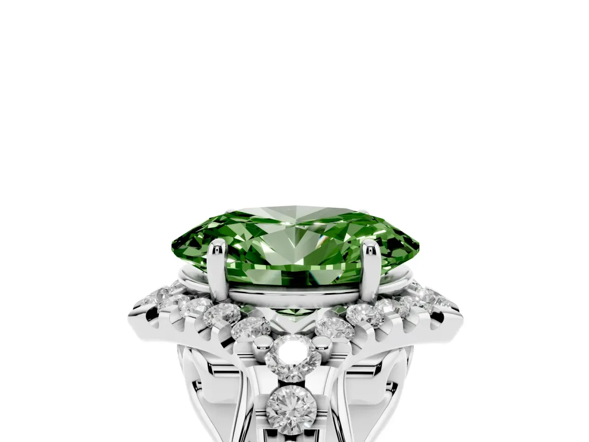Fancy Green Oval Cut Diamond Solitaire Ring with Hidden Halo and Pavé Band Silver