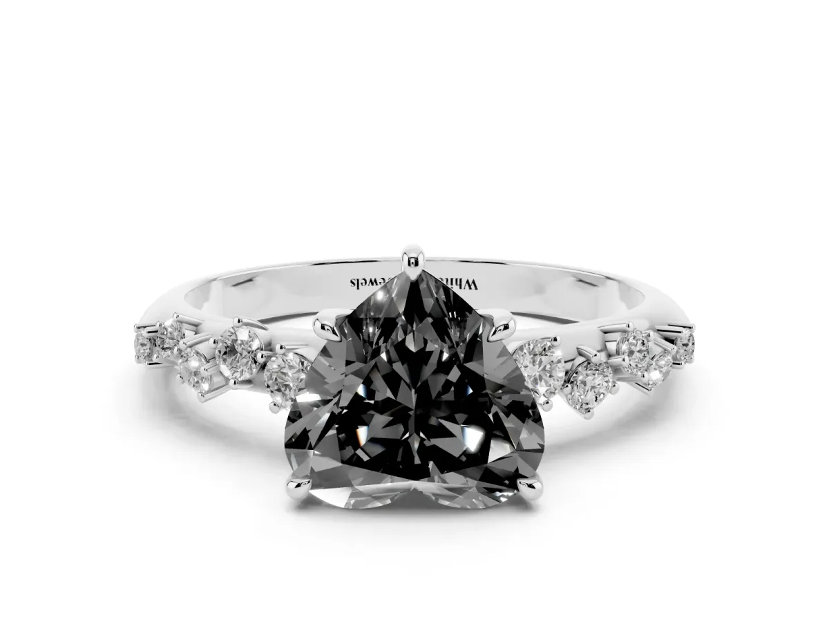 Fancy Black Heart Cut Diamond Cluster Side Stone Solitaire Ring with Prong Setting Silver