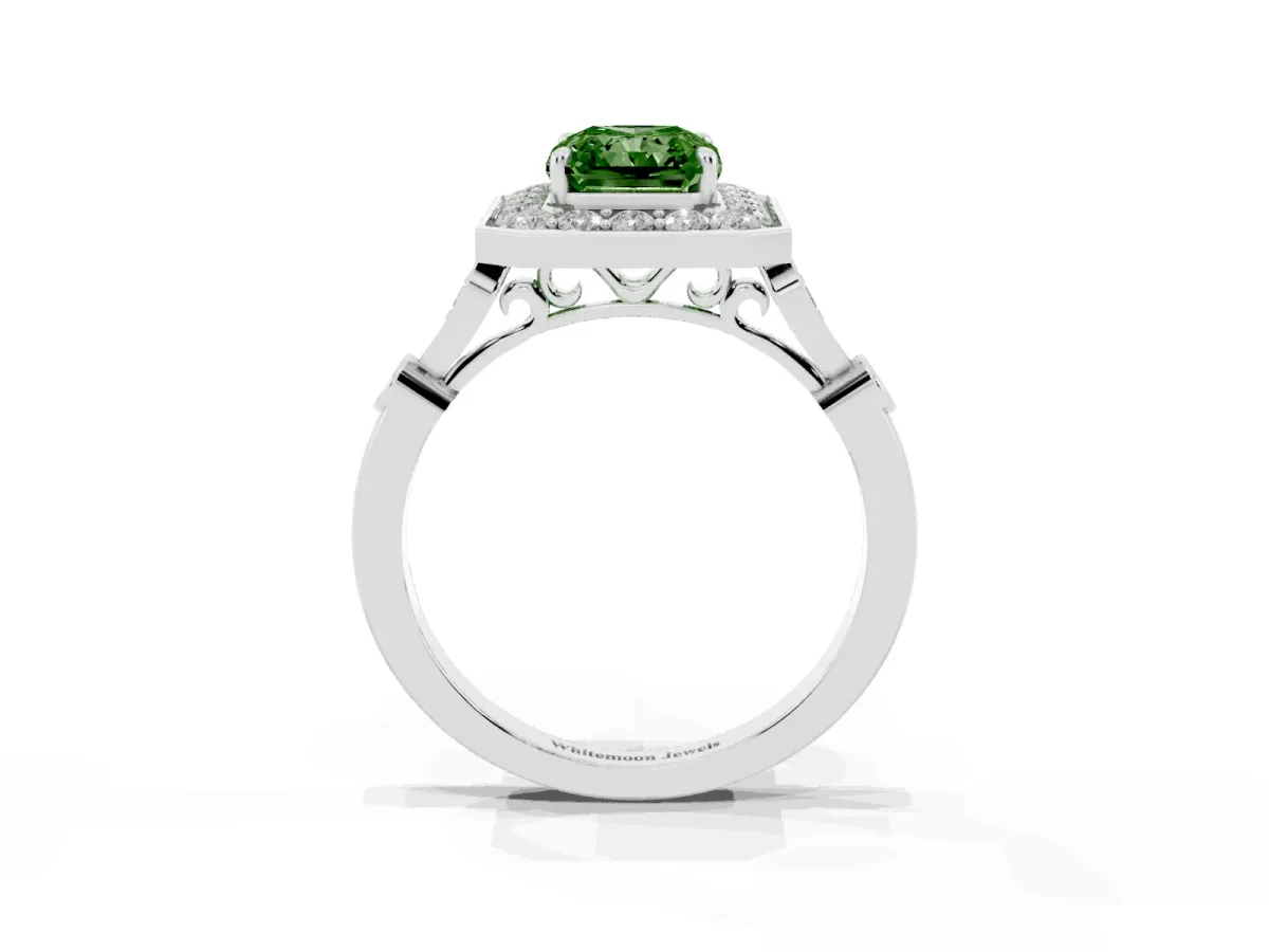 Fancy Green Radiant Cut Halo Diamond Engagement Ring with Twisted Band and Four-Prong Setting Silver