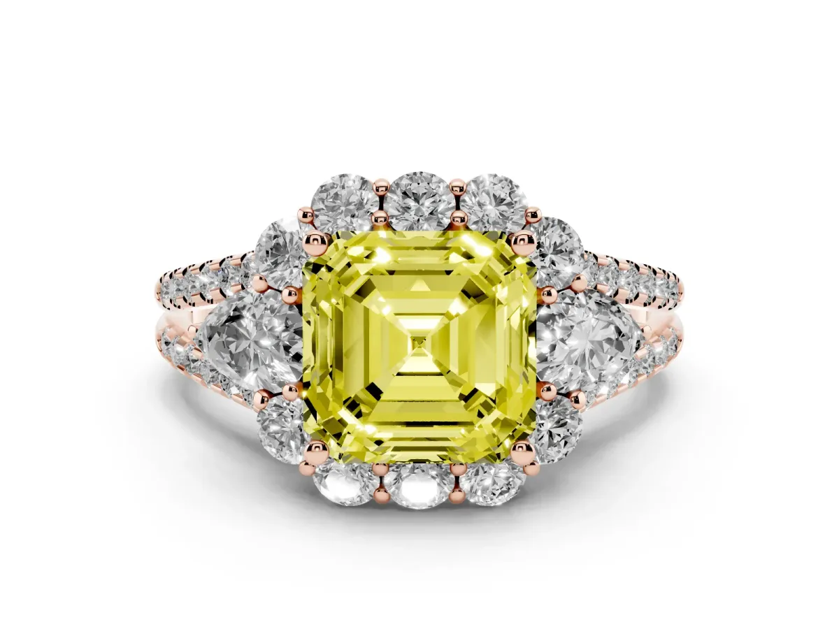 Fancy Yellow Asscher Cut Halo Split Shank Diamond Engagement Ring with Prong Setting Rose gold