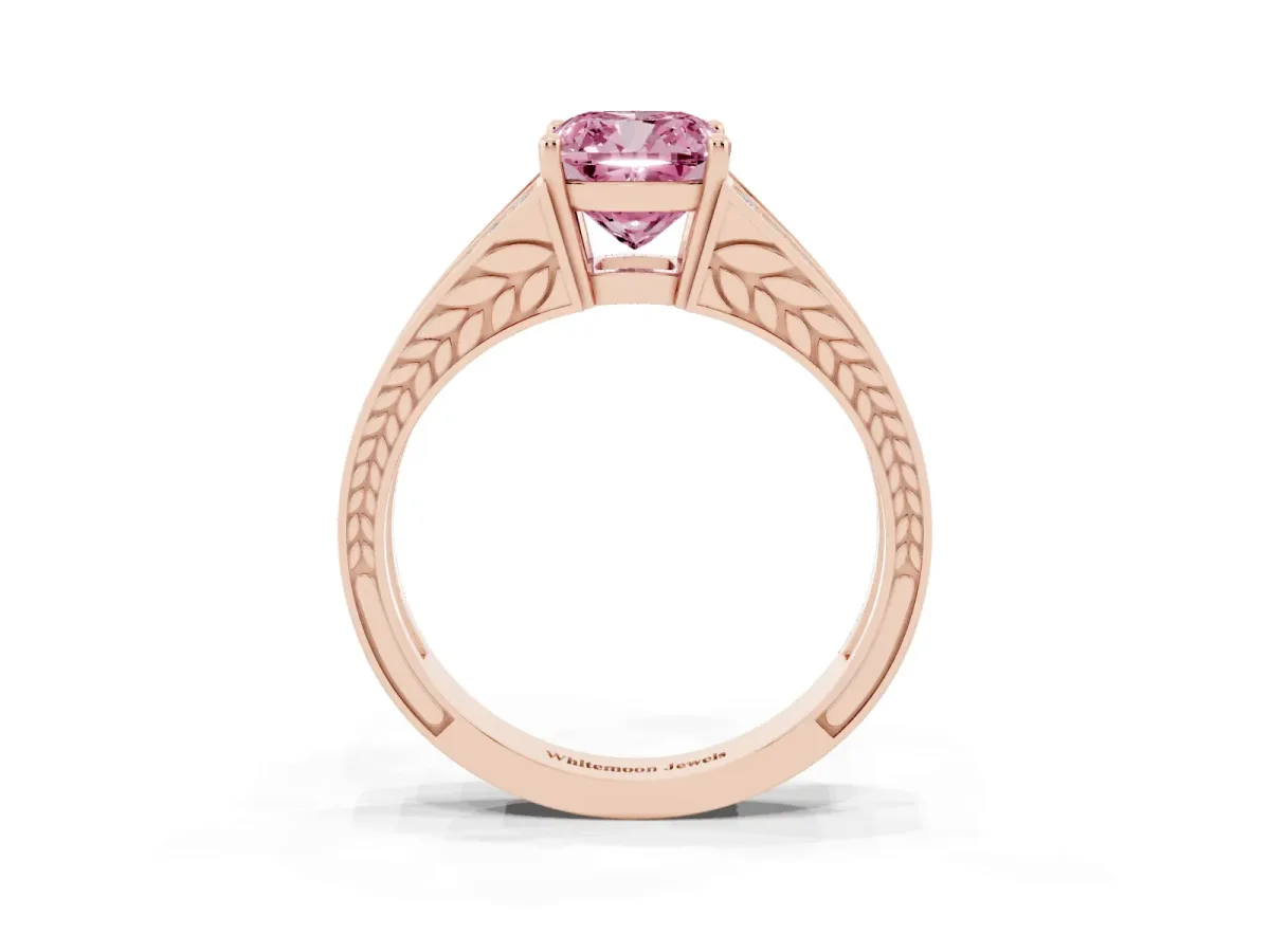 Fancy Pink Cushion Cut Diamond Split Shank Ring with Pavé Band and Four-Prong Setting Rose gold