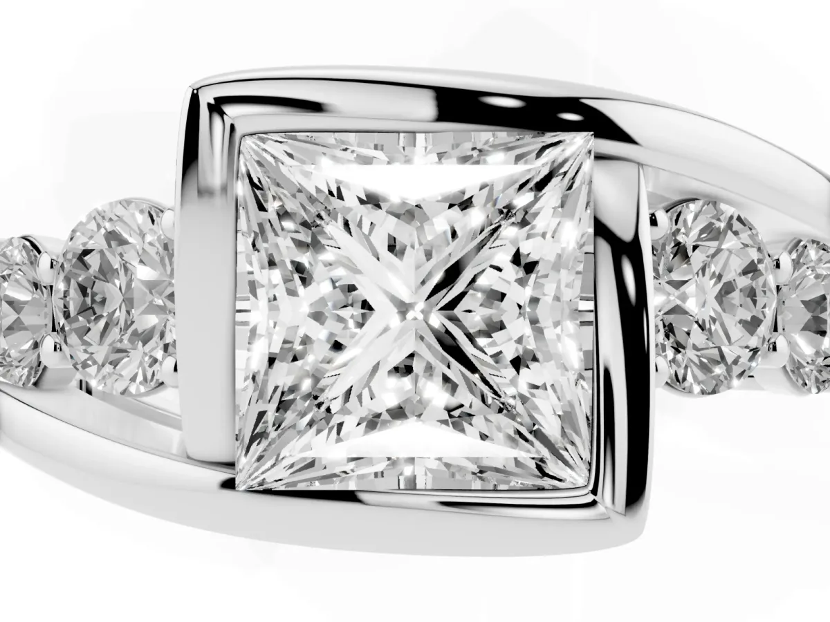Bezel Set Princess Cut Diamond Bypass Ring with Round Accents Platinum