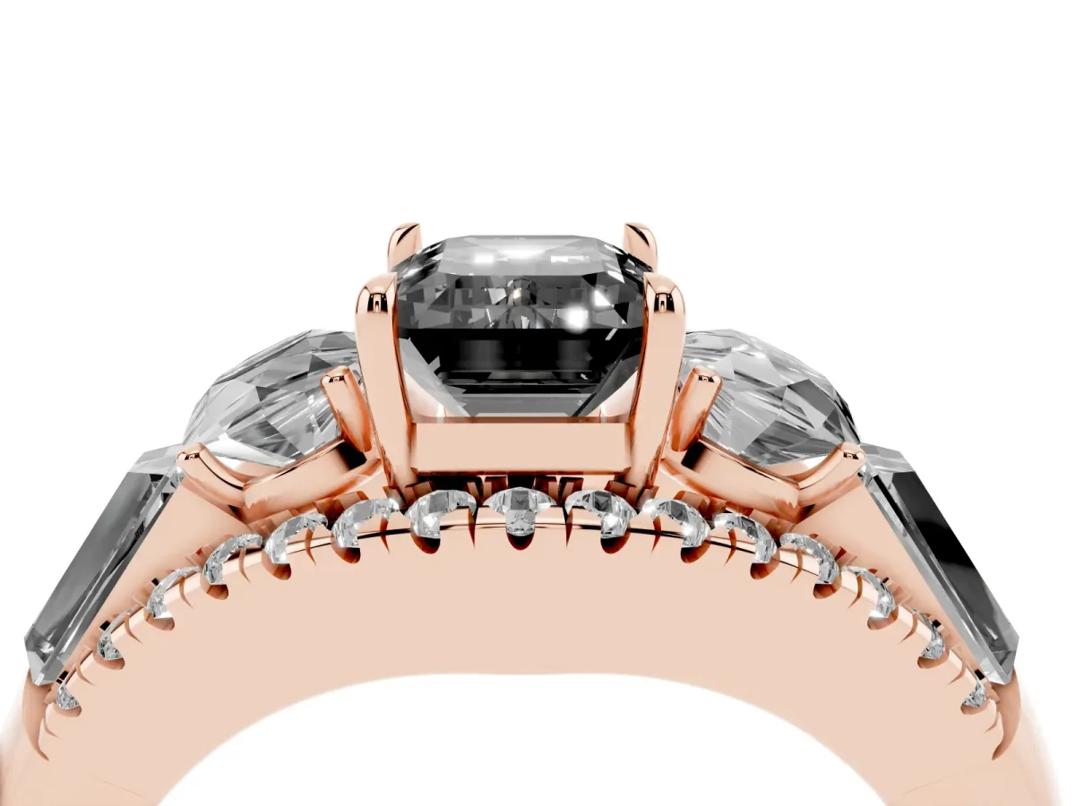 Fancy Black Three-Stone Emerald Cut Diamond Engagement Ring with Pave Band and Prong Setting Rose gold