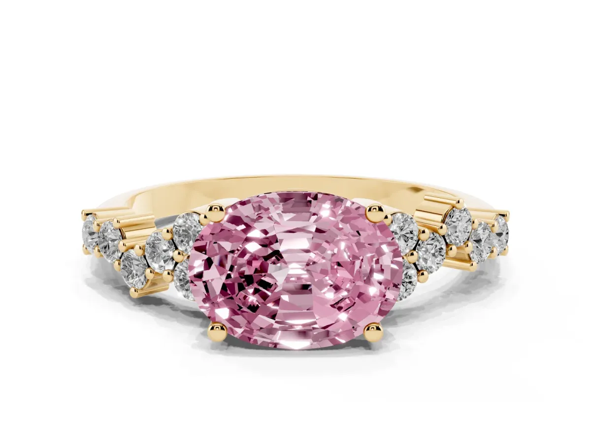Fancy Pink Oval Cut Diamond Scattered Round Accent Ring with Prong Setting Yellow gold