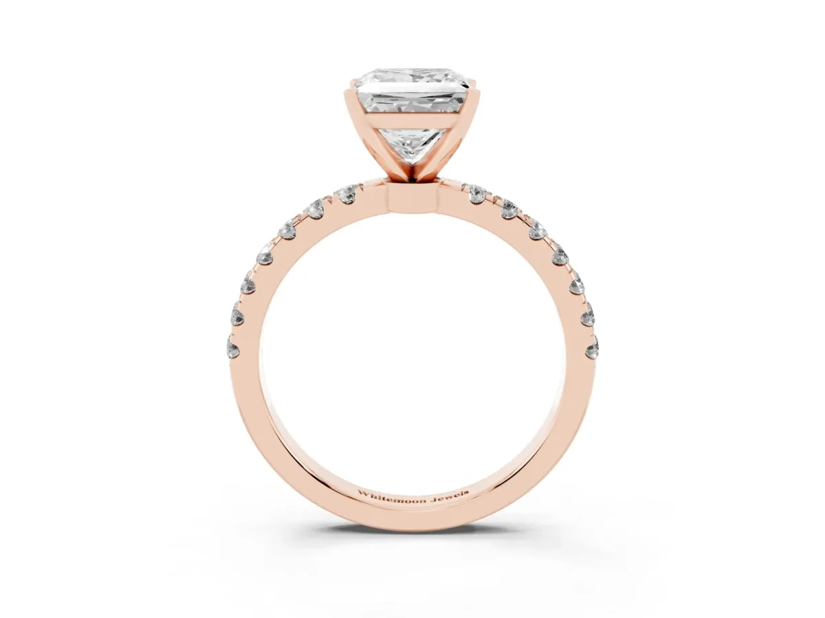 Princess Cut Diamond Solitaire Ring with Pavé Accents and Four-Prong Setting Rose gold
