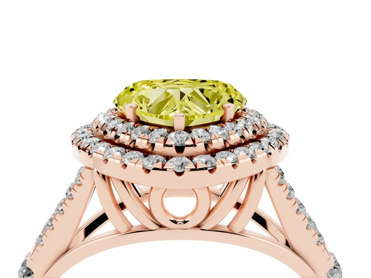 Fancy Yellow Double Halo Heart Cut Diamond Split Shank Engagement Ring with Four-Prong Setting Rose gold