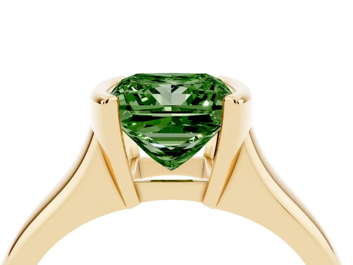 Fancy Green Princess Cut Solitaire Tension Set Diamond Ring with Split Shank Band Yellow gold
