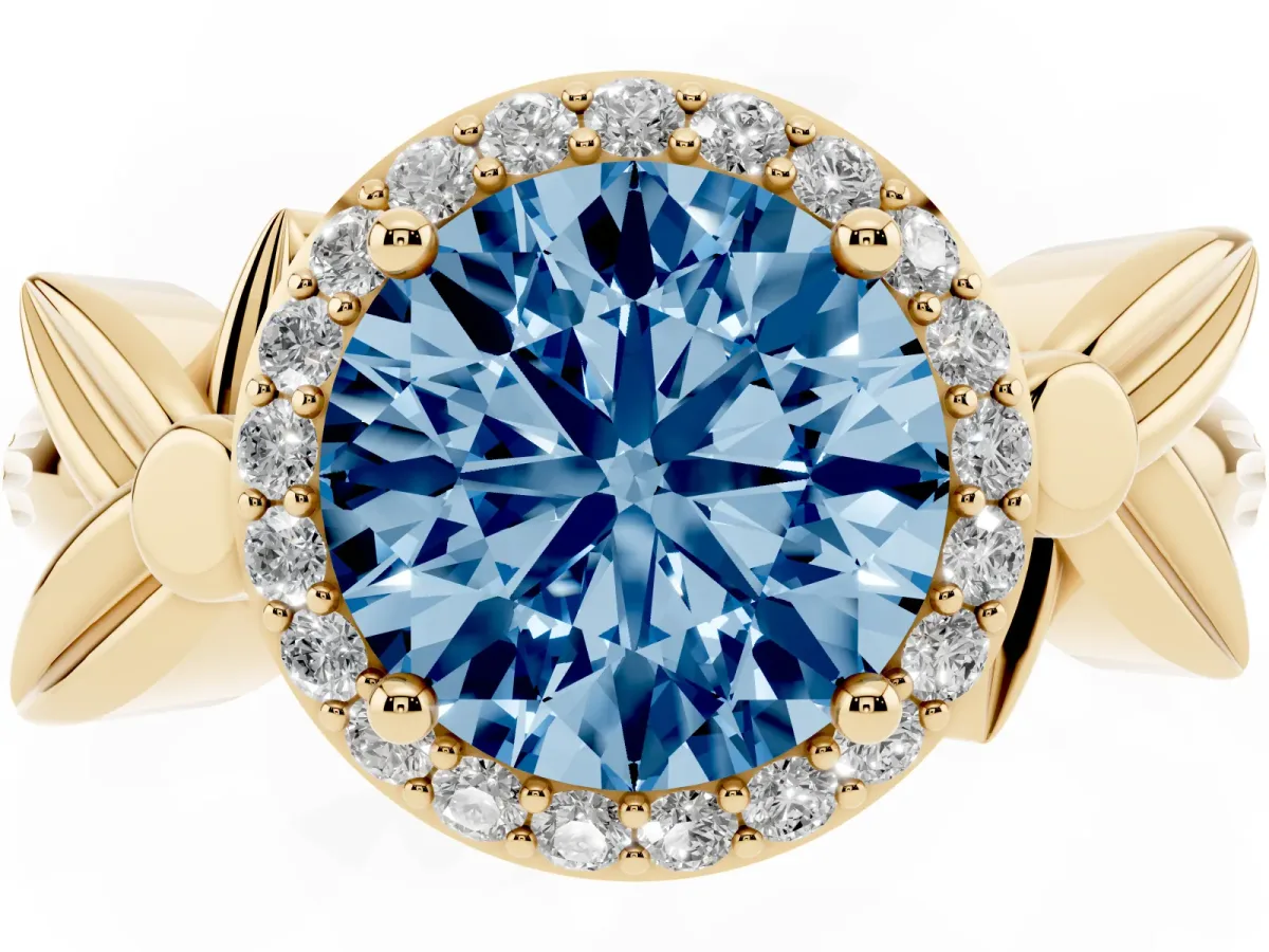 Fancy Blue Round Cut Halo Diamond Floral Band with Four-Prong Setting Yellow gold