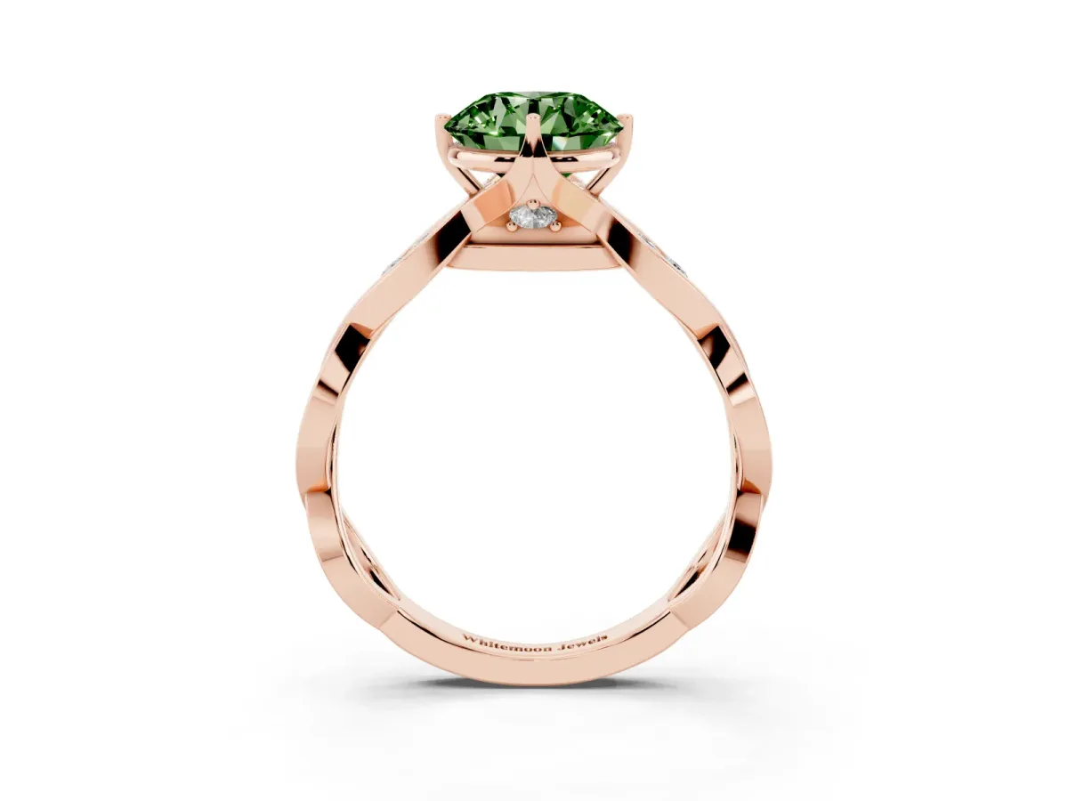 Fancy Green Round Cut Solitaire Twist Band with Leaf Prong Setting Rose gold