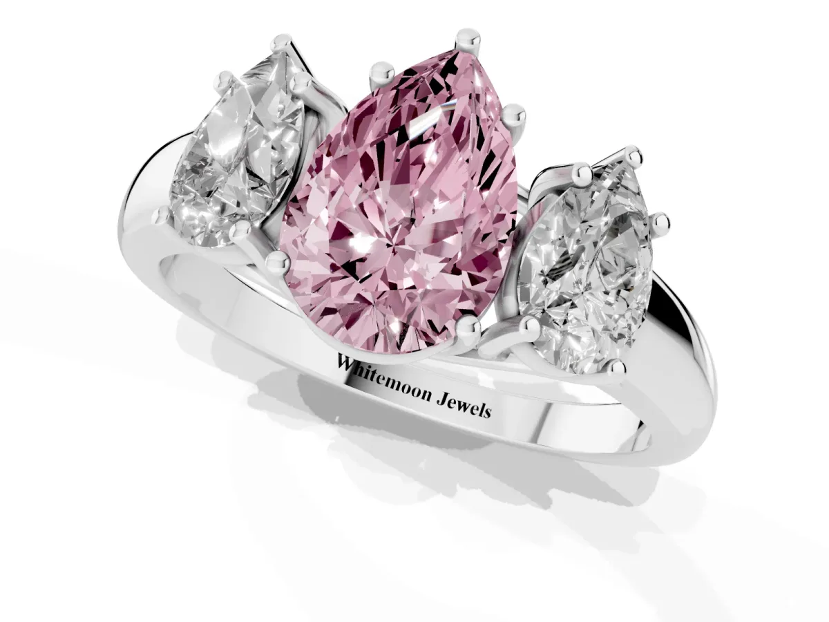 Fancy Pink Three-Stone Pear Cut Diamond Engagement Ring with Prong Setting White gold