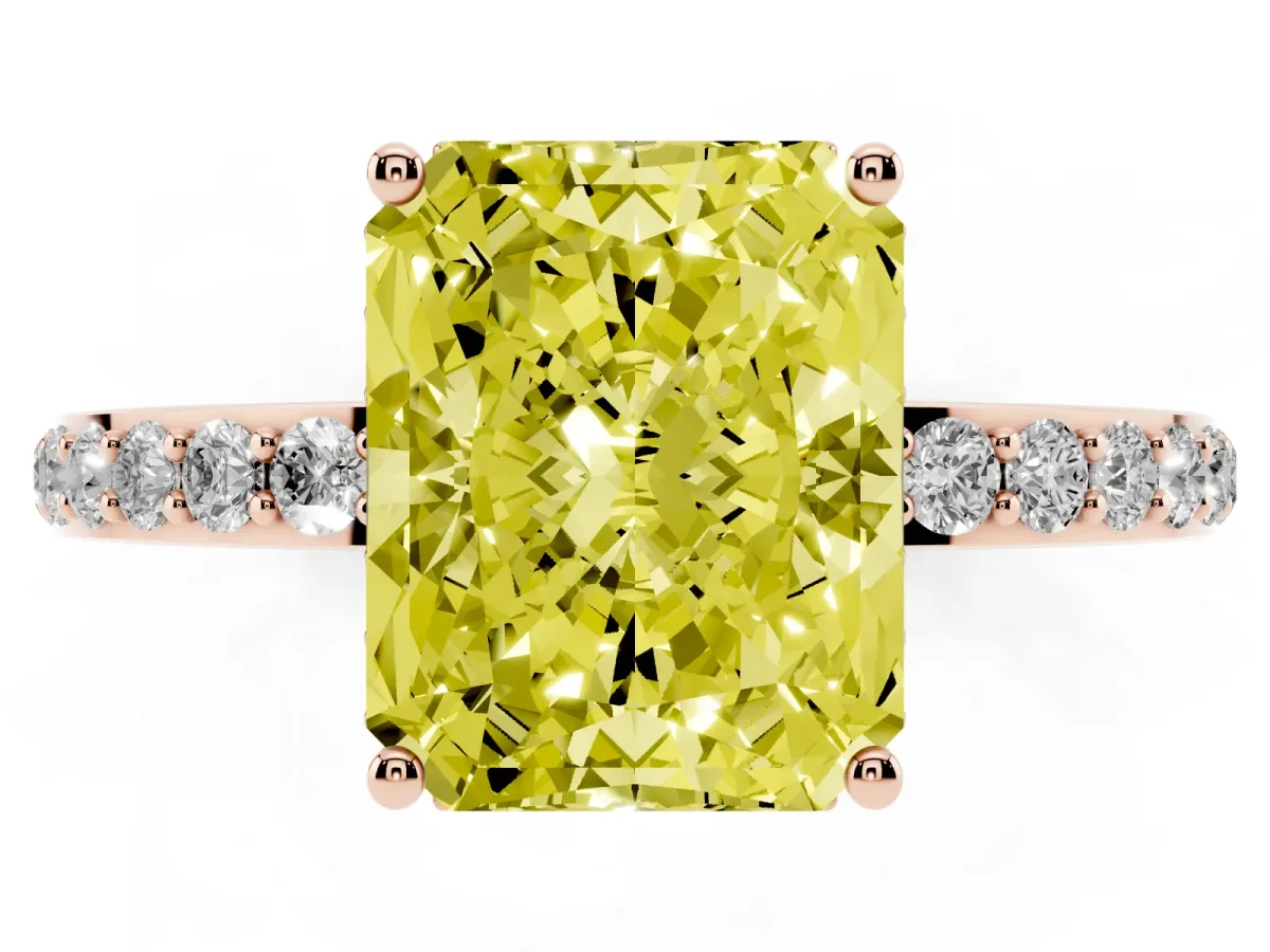 Fancy Yellow Radiant Cut Diamond Solitaire Ring with Pavé Band and Hidden Halo Rose gold
