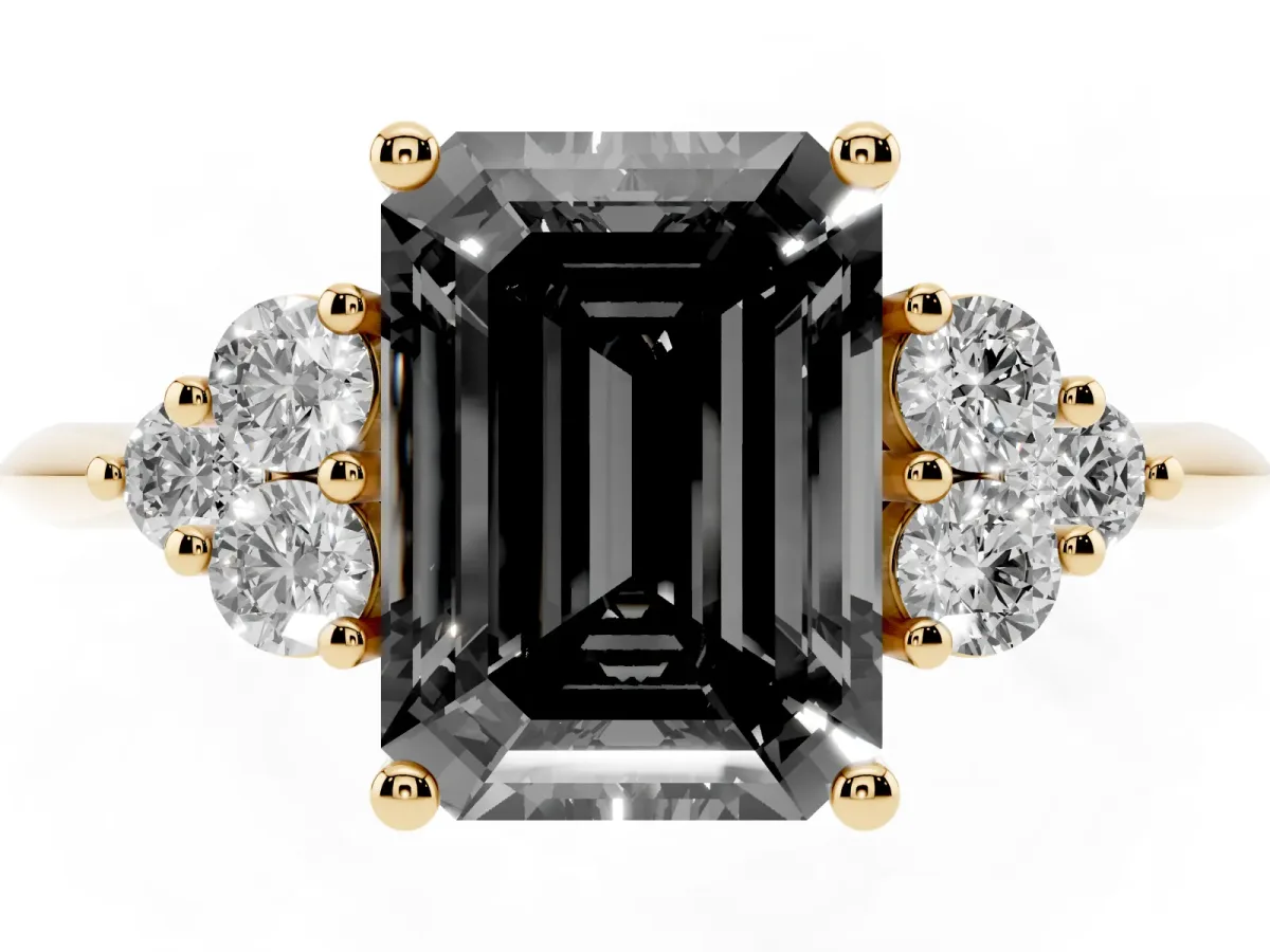 Fancy Black Emerald Cut Cut Diamond Cluster Ring with Solitaire Band and Four-Prong Setting Yellow gold
