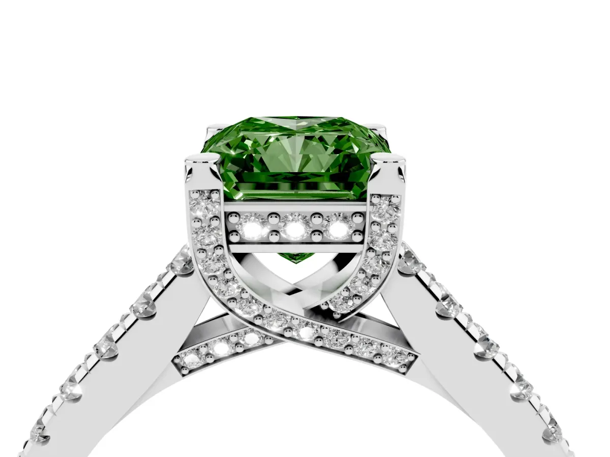 Fancy Green Radiant Cut Brilliant Diamond Solitaire with Pavé Band and Four-Prong Setting White gold