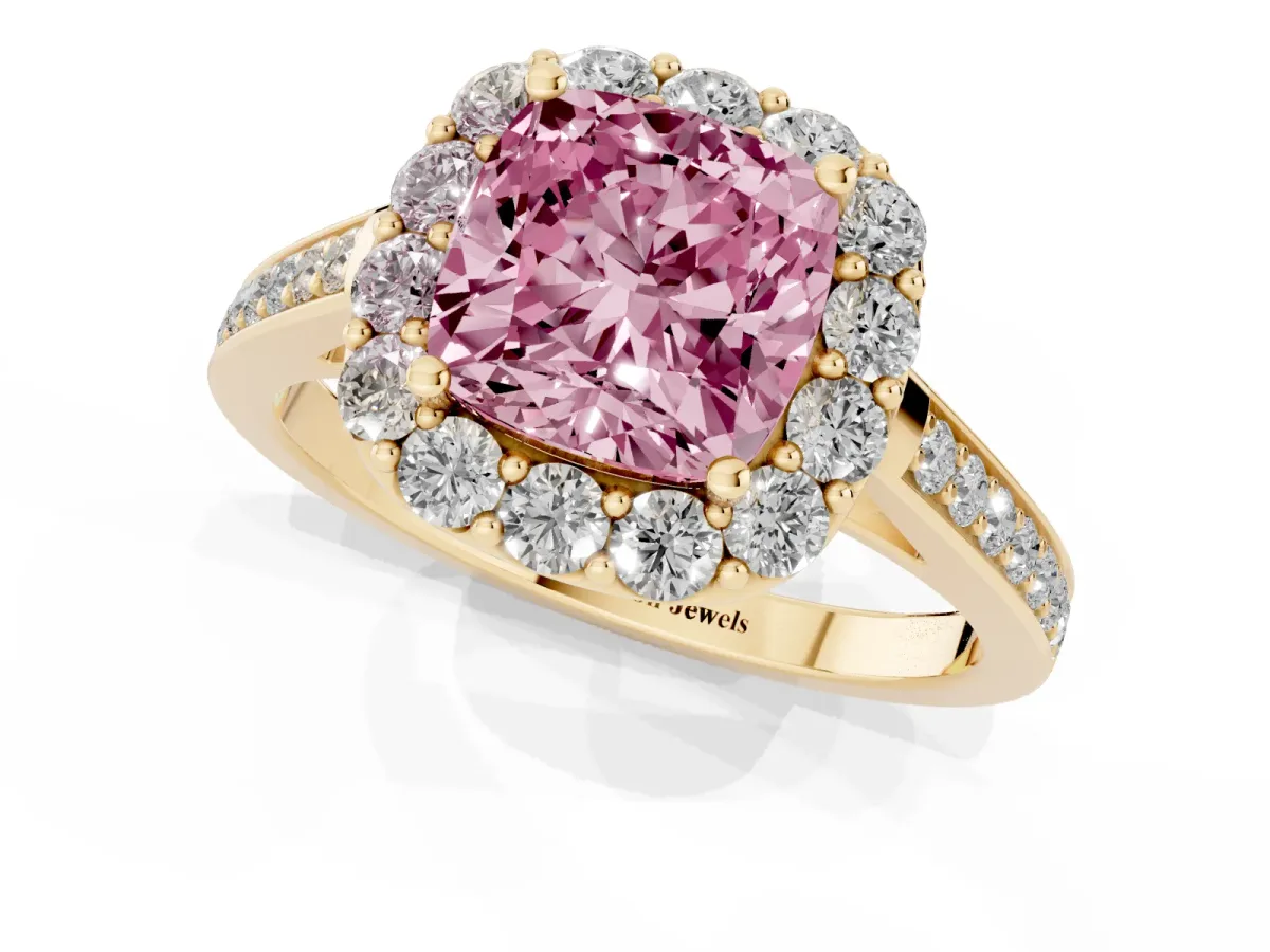 Fancy Pink Cushion Cut Diamond Floral Halo Ring with Pavé Band and Prong Setting Yellow gold