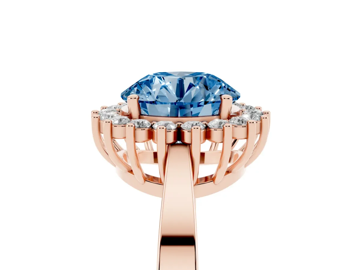 Fancy Blue Round Cut Cut Diamond Halo Ring with Round Brilliant Halo and Solitaire Band Rose gold