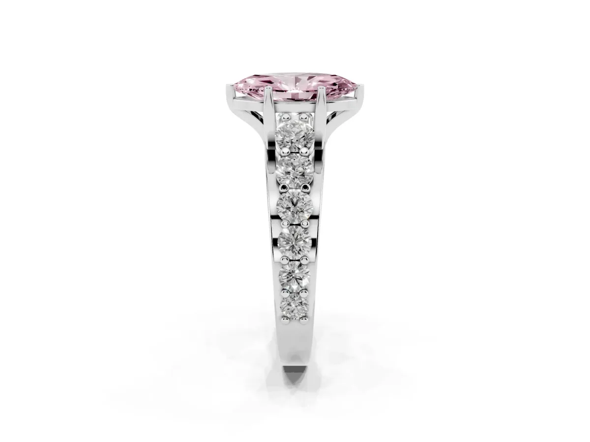 Fancy Pink Marquise Cut Diamond Engagement Ring with Pavé Band and Four-Prong Setting Silver