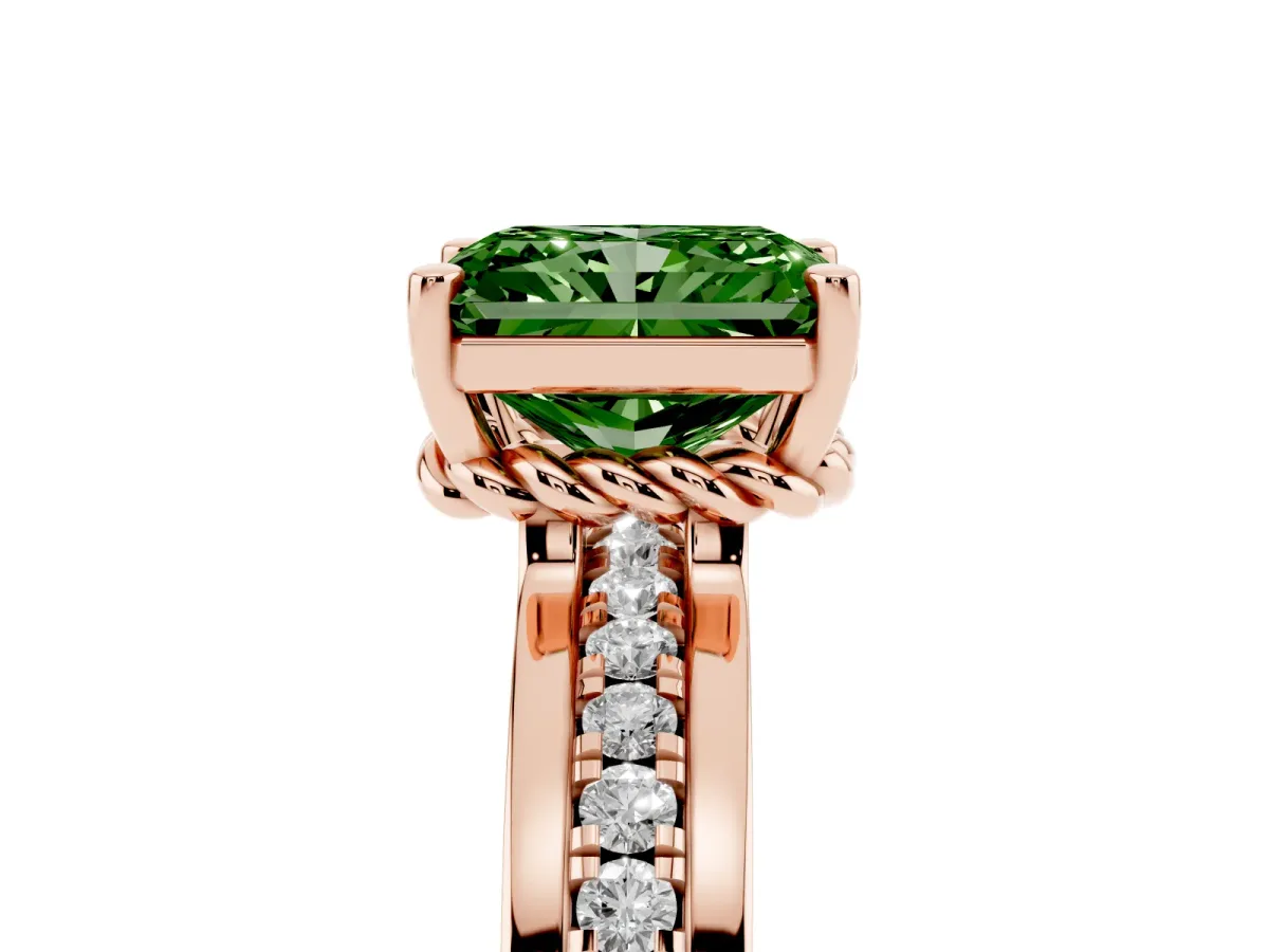 Fancy Green Radiant Cut Solitaire Diamond Ring with Channel Set Band and Six-Prong Setting Rose gold