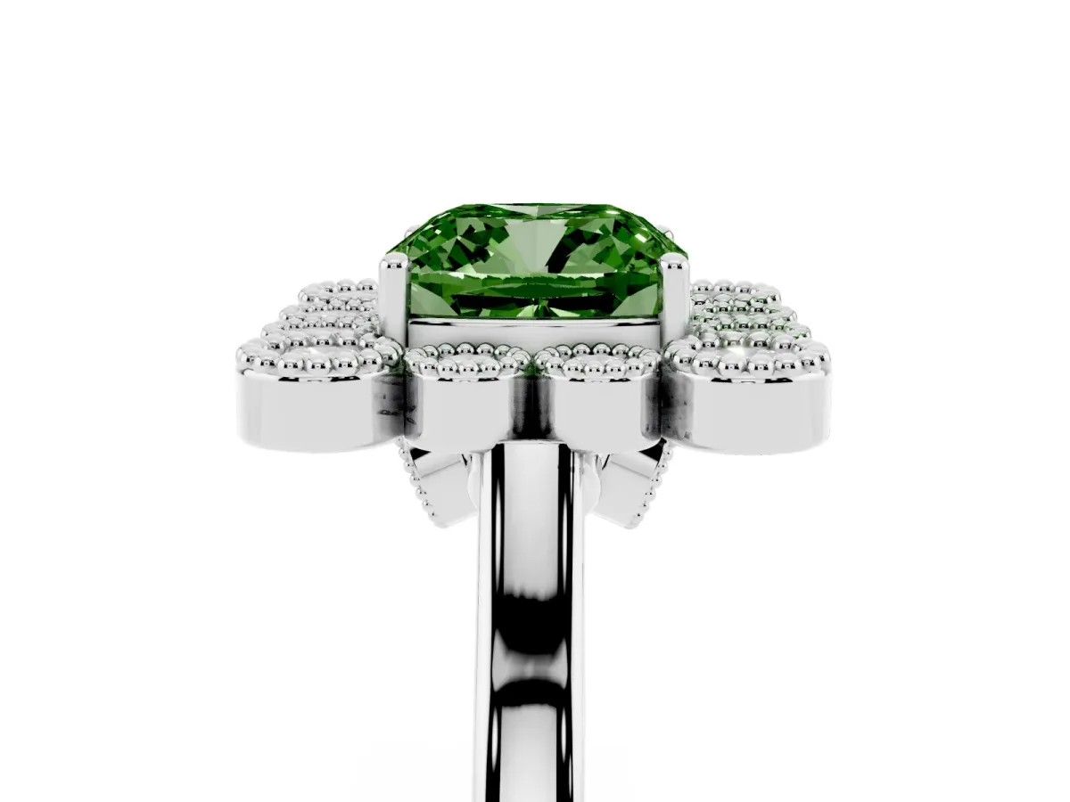 Fancy Green Cushion Cut Halo Diamond Cluster Engagement Ring with Milgrain Bezel Setting and Solitaire Band Platinum