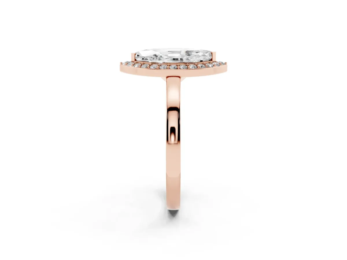 Marquise Cut Halo Diamond Ring with Solitaire Band and Prong Setting Rose gold