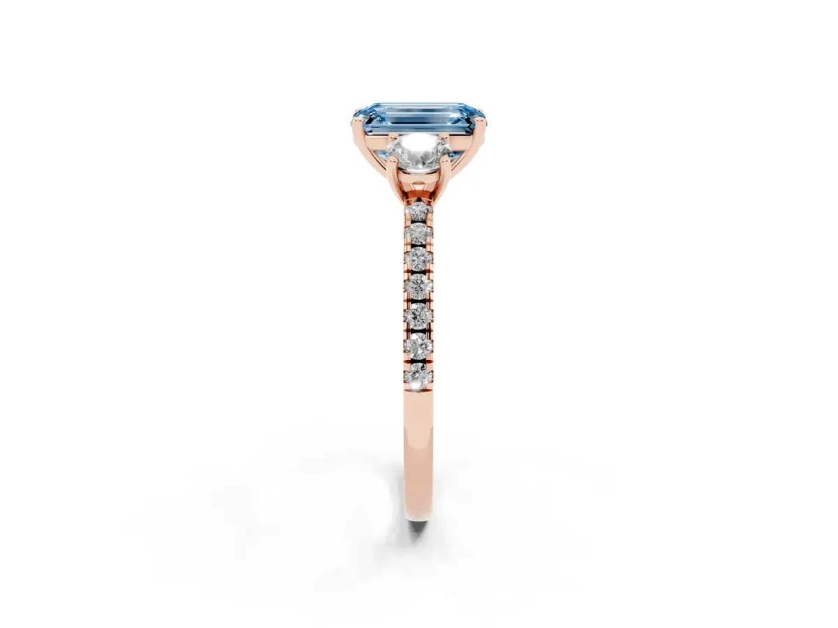 Fancy Blue Three-Stone Emerald Cut Cut Diamond Pavé Band with Prong Setting Rose gold
