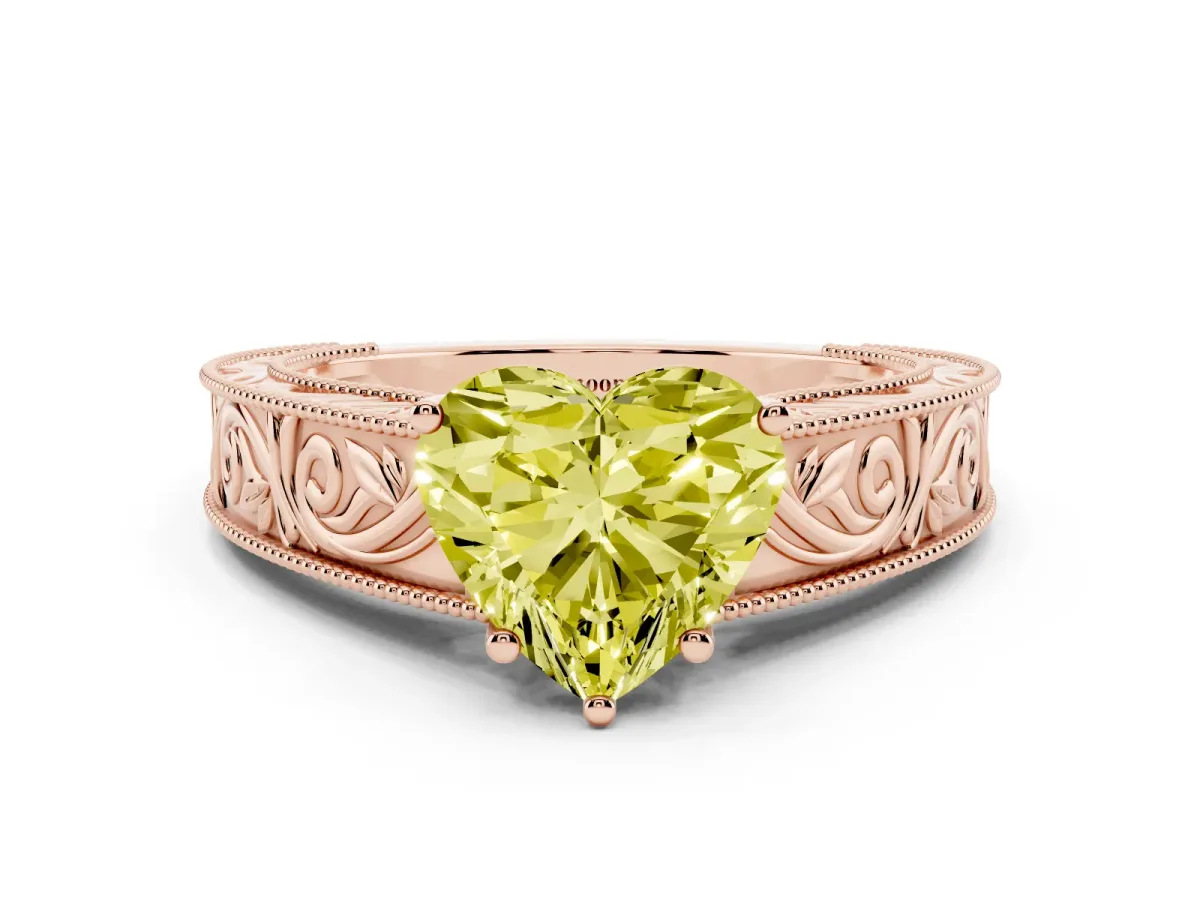 Fancy Yellow Heart Cut Diamond Solitaire Ring with Engraved Band and Four-Prong Setting Rose gold