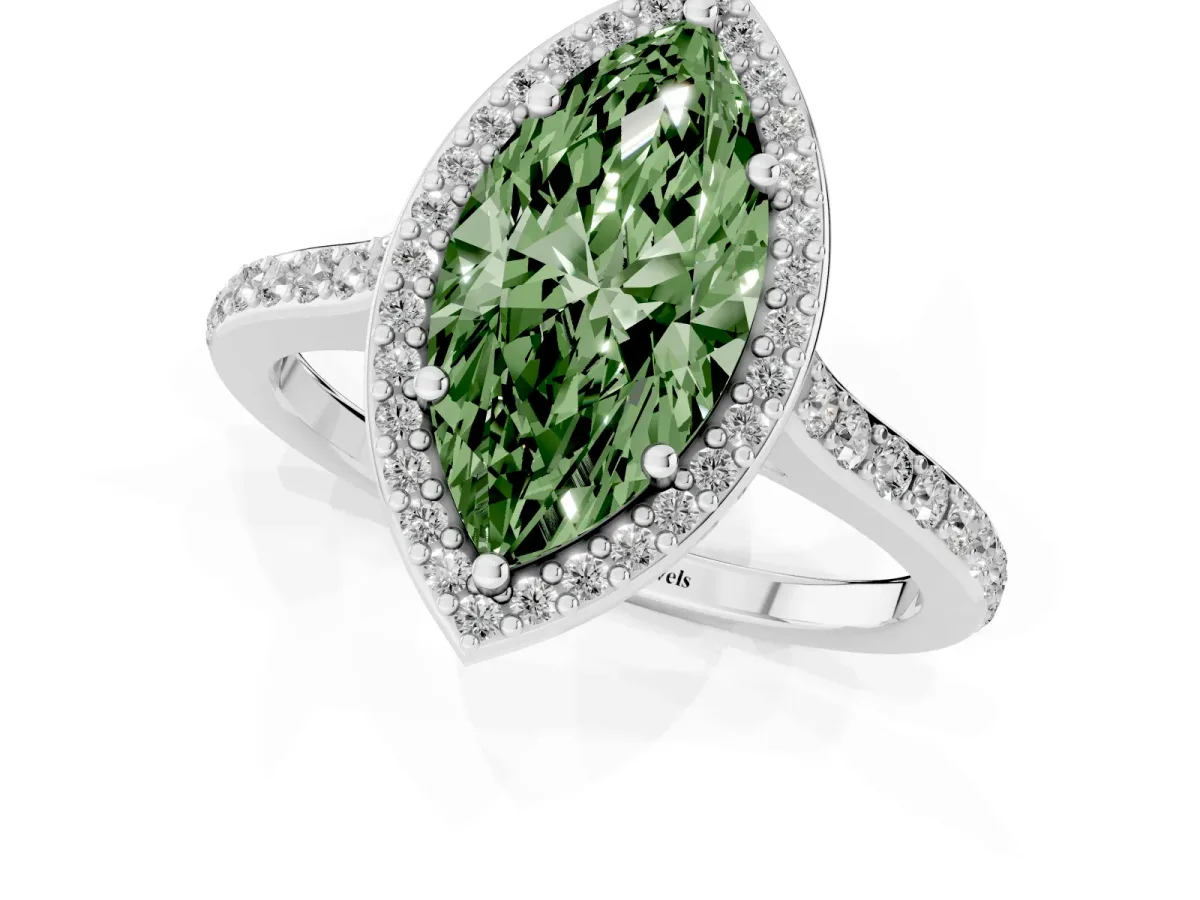 Fancy Green Marquise Cut Diamond Halo Engagement Ring with Round Pavé Shoulders and Prong Setting White gold