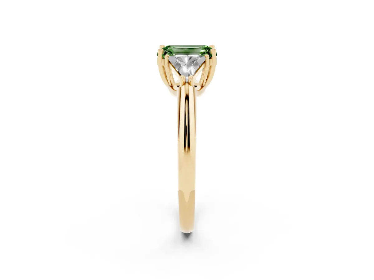 Fancy Green Three-Stone Emerald Cut Diamond Engagement Ring with Trillion Side Stones and Prong Setting Yellow gold