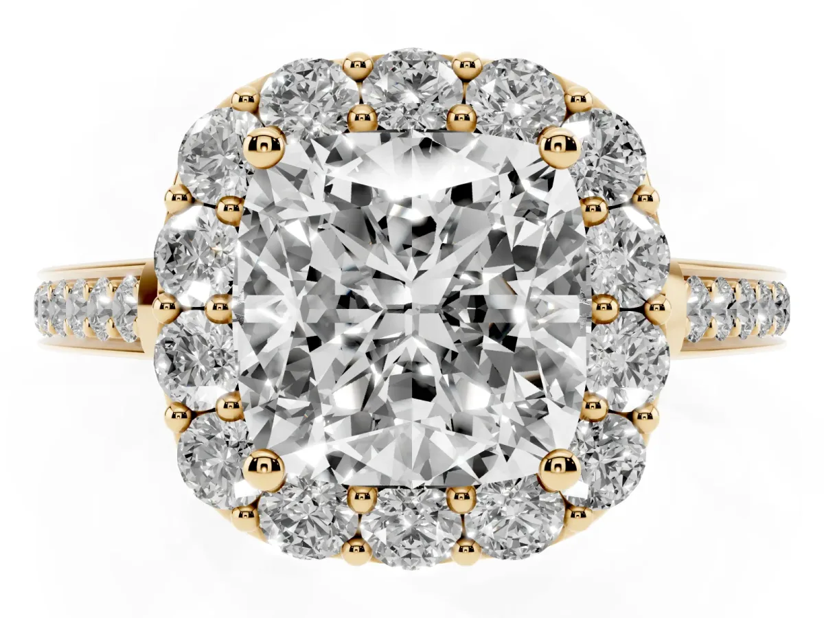 Cushion Cut Diamond Floral Halo Ring with Pavé Band and Prong Setting Yellow gold